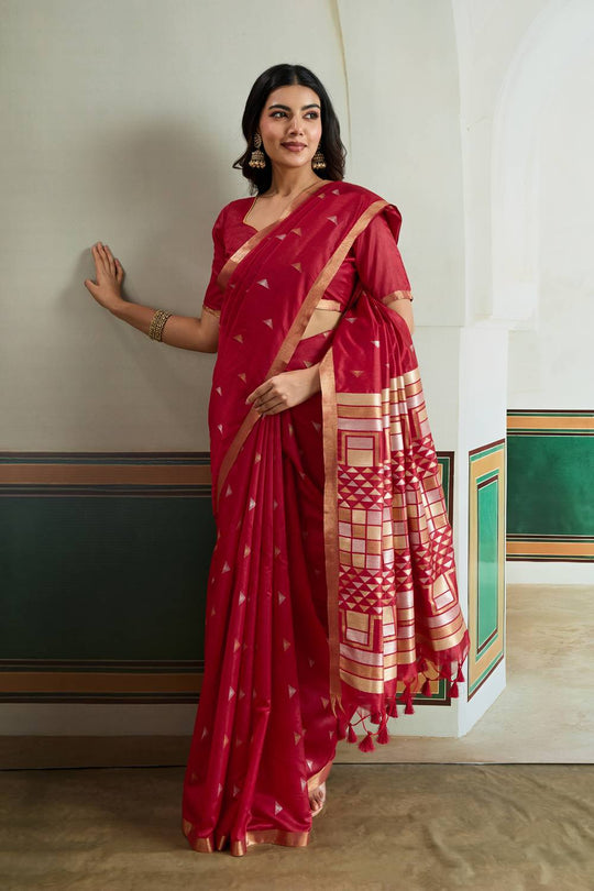 Usha Red Tussar Silk Ikkat Handloom Weaving Ready to Wear Saree
