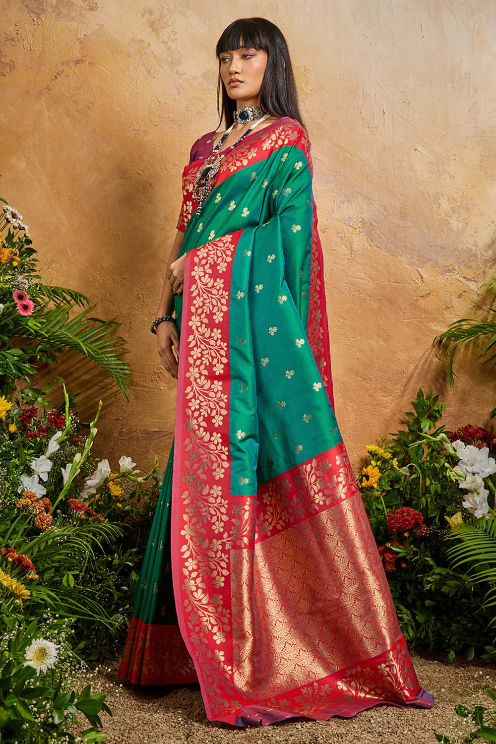 Roya Teal Green and Red Handloom Weaving Silk Ready to Wear Saree