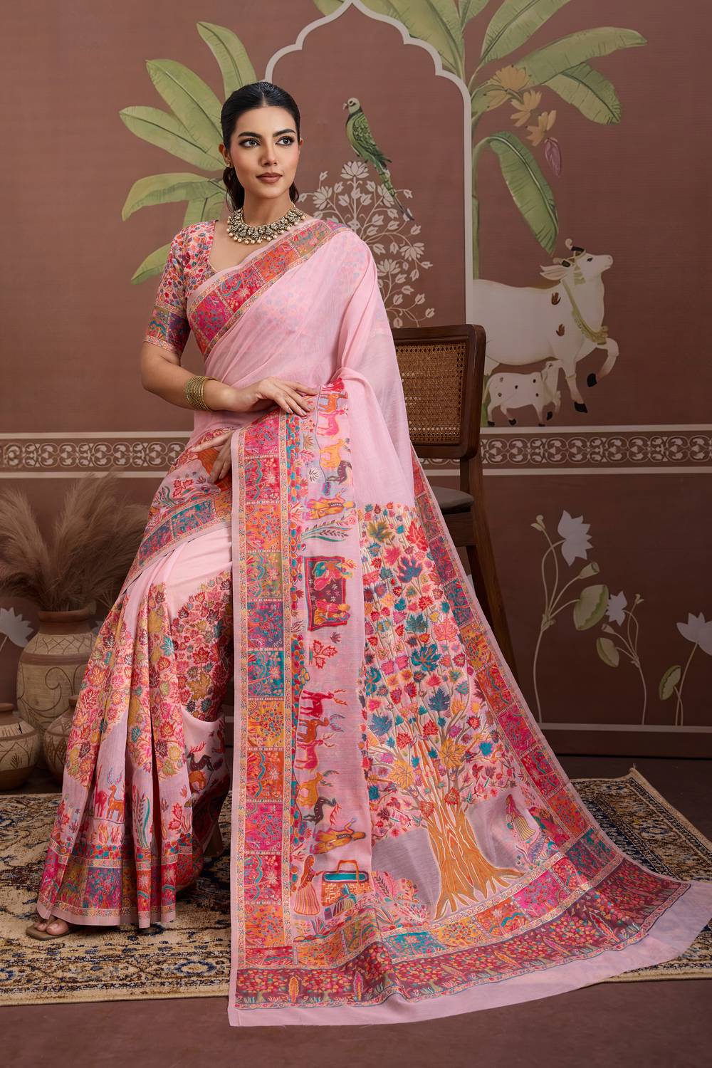 Misha Light Pink Modal Cotton Pashmina Woven Ready to Wear Saree