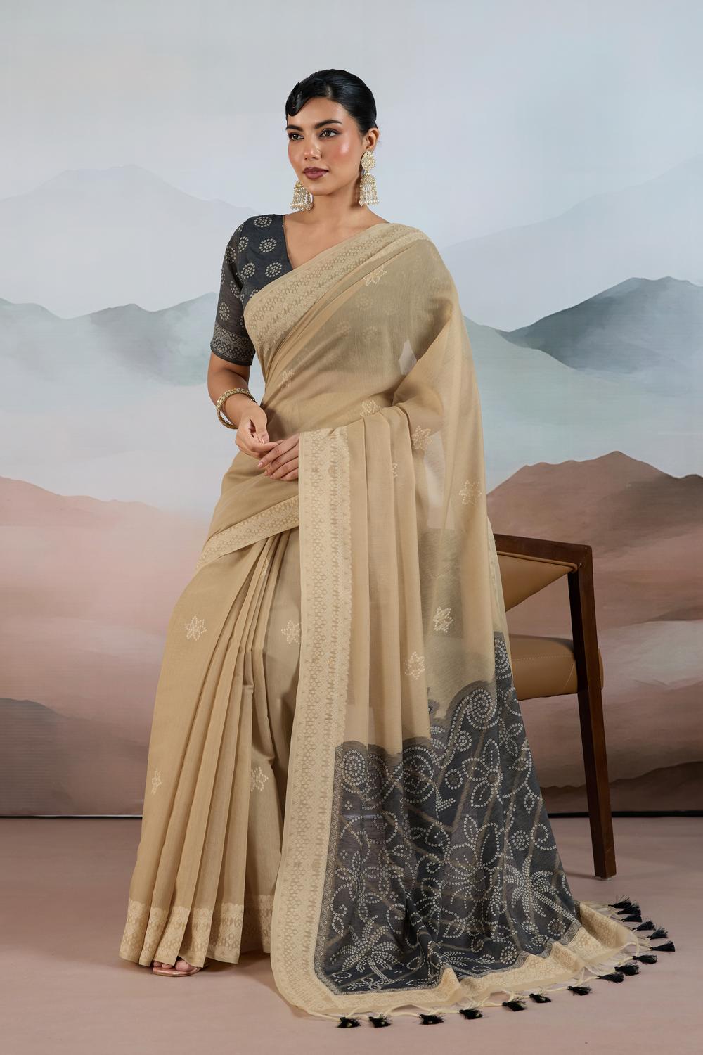 Neetu Beige Pure Viscose Cotton Handloom Woven One Minute Saree