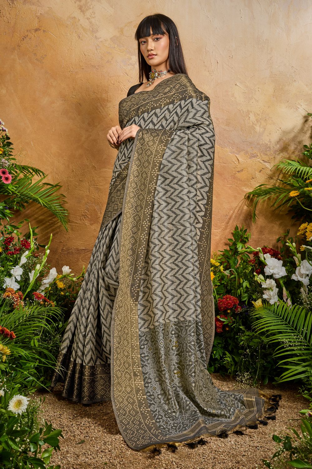 Helen Black Viscose Cotton Handloom Woven Patola Ready to Wear Saree