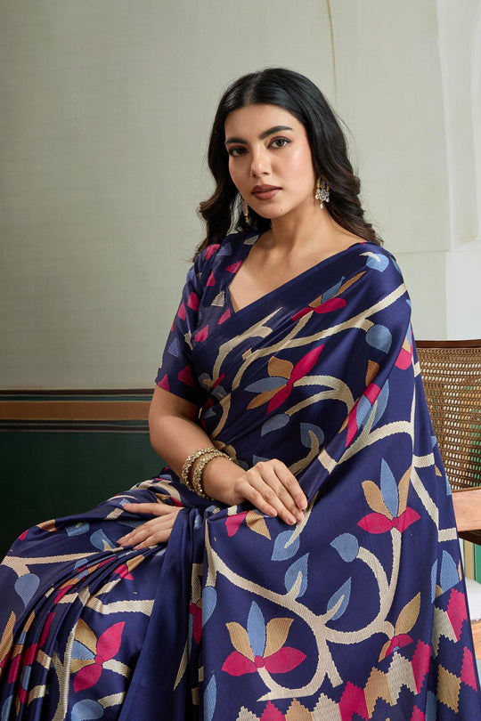 Aylani Navy Blue Modal Satin Ajrakh Print Ready to Wear Saree