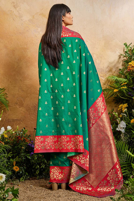 Roya Teal Green and Red Handloom Weaving Silk Ready to Wear Saree