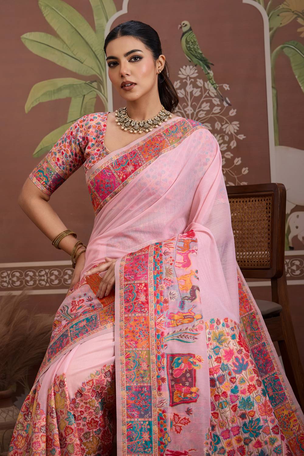 Misha Light Pink Modal Cotton Pashmina Woven Ready to Wear Saree