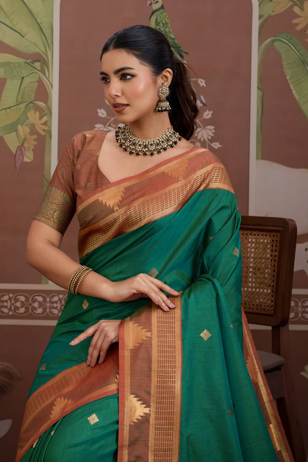 Tessa Emerald Green Silk Woven With Zari Work Ready to Wear Saree