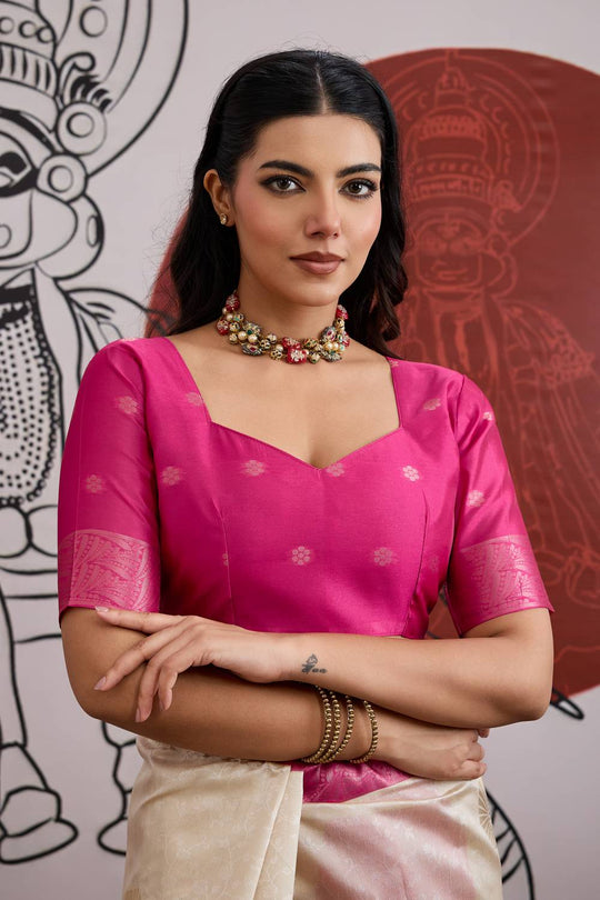 Mona Cream & Pink Paper Silk Ready to Wear Saree