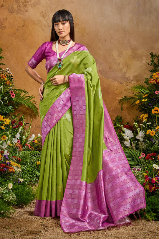 Flora Lime Green Paper Silk Handloom Woven Ready to Wear Saree