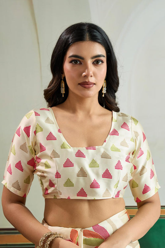 Aylani Cream Modal Satin Ajrakh Print Ready to Wear Saree