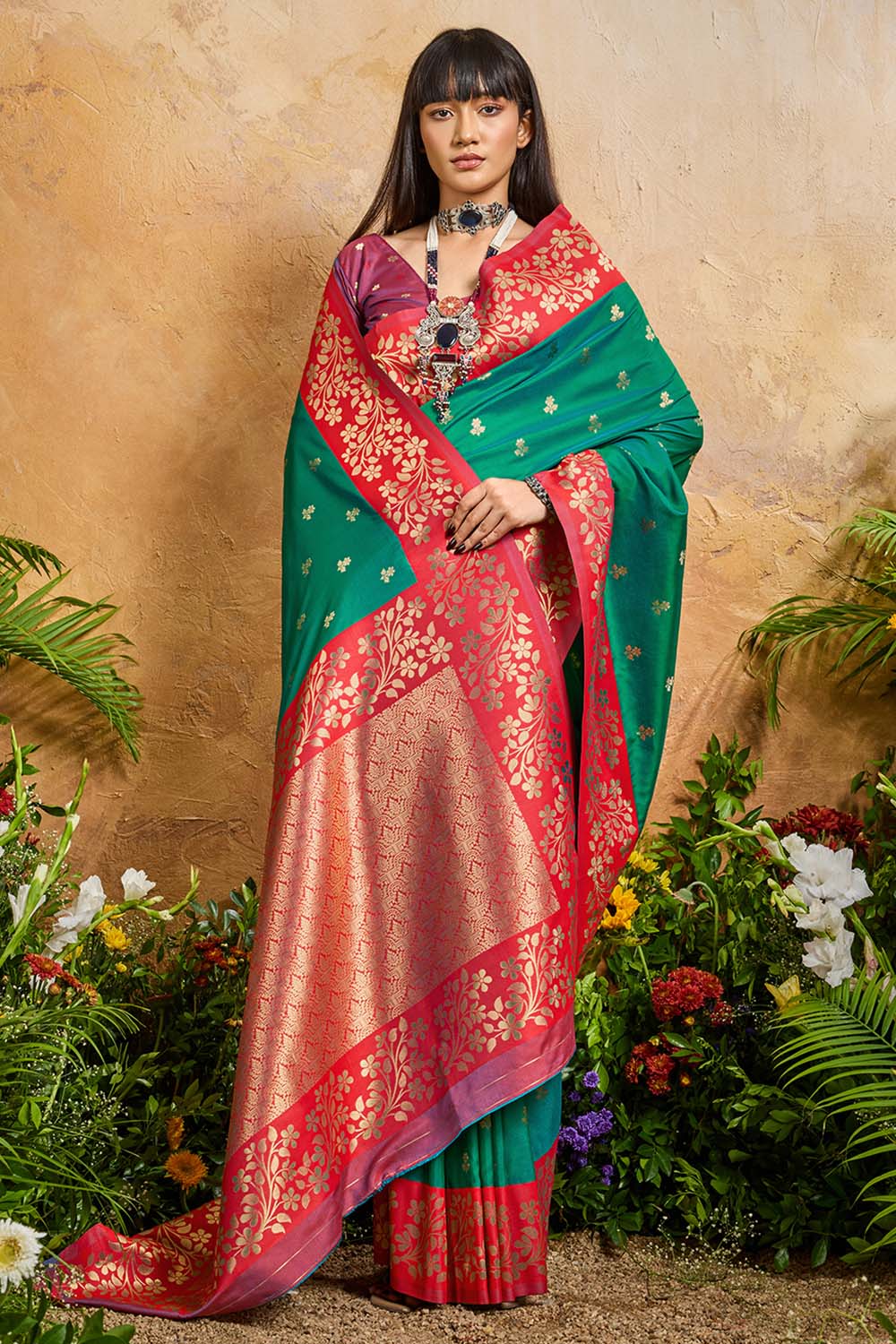 Roya Teal Green and Red Handloom Weaving Silk Ready to Wear Saree