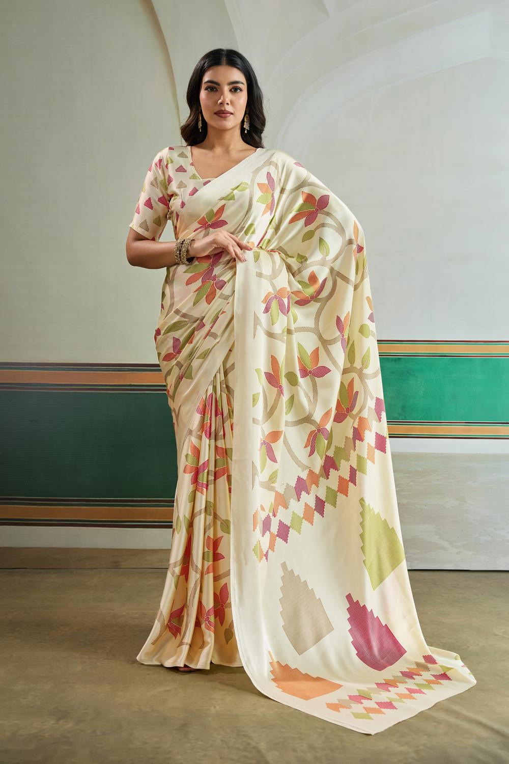 Aylani Cream Modal Satin Ajrakh Print Ready to Wear Saree