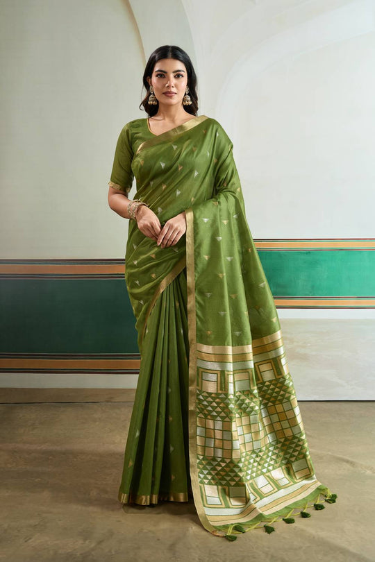 Usha Olive Green Tussar Silk Ikkat Handloom Weaving Ready to Wear Saree