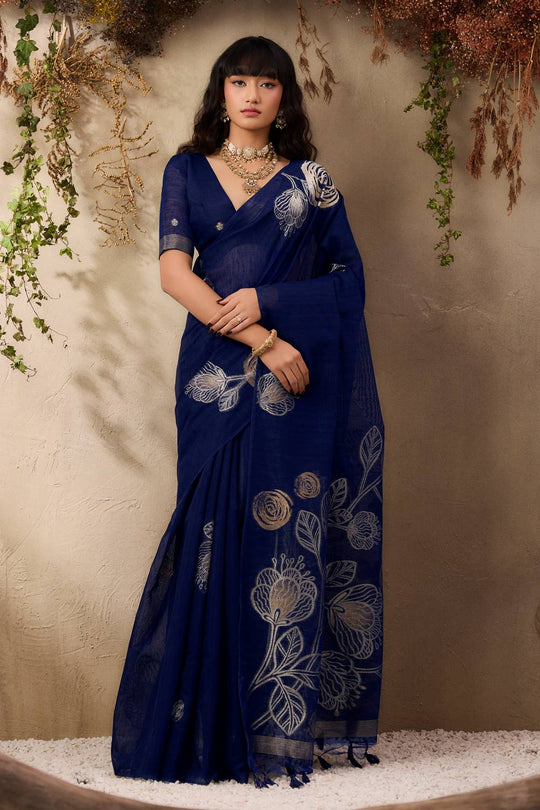 Samara Deep Blue Woven Soft Silk with Floral Motif Work Ready to Wear Saree
