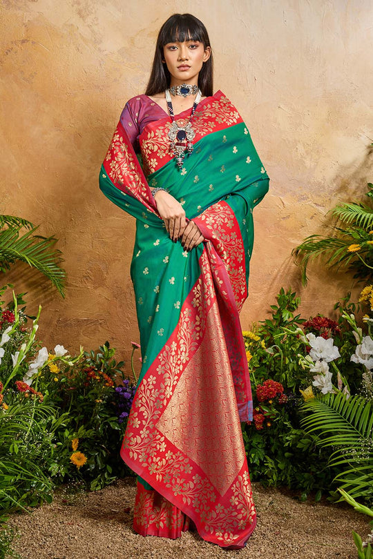 Roya Teal Green and Red Handloom Weaving Silk Ready to Wear Saree