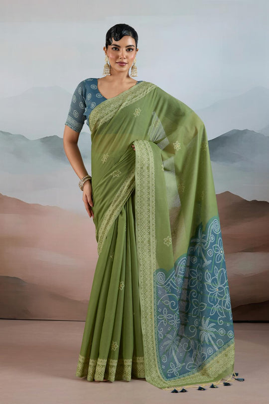 Neetu Olive Green Pure Viscose Cotton Handloom Woven One Minute Saree