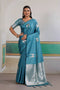 Casey Teal Blue Pure Satin Handloom Weaving Ready to Wear Saree