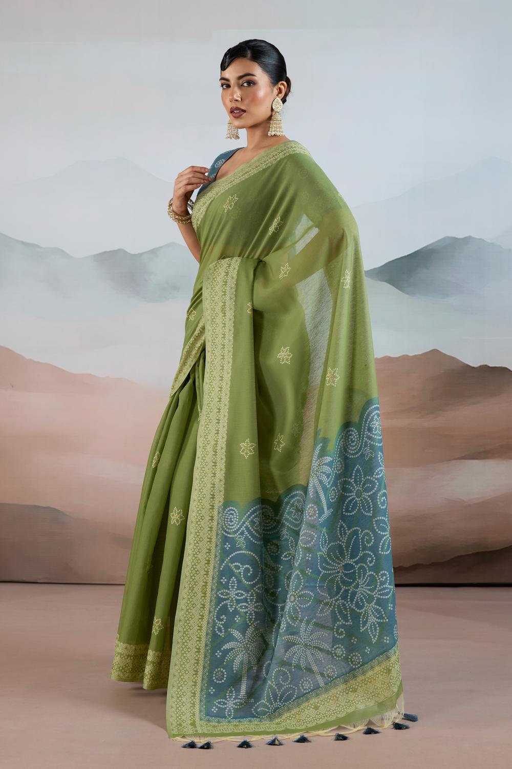 Neetu Olive Green Pure Viscose Cotton Handloom Woven One Minute Saree