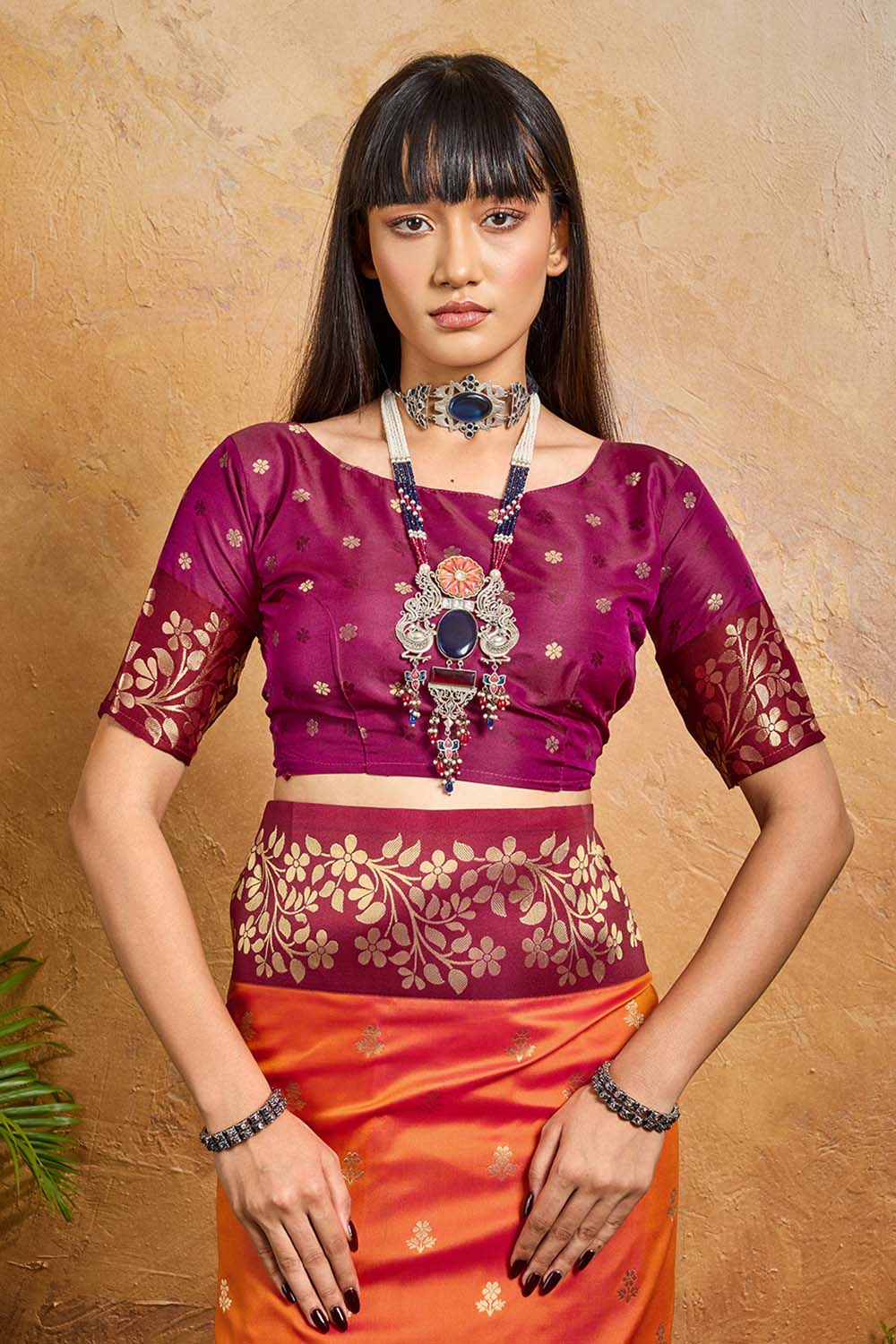 Roya Orange and Wine Handloom Weaving Silk Ready to Wear Saree
