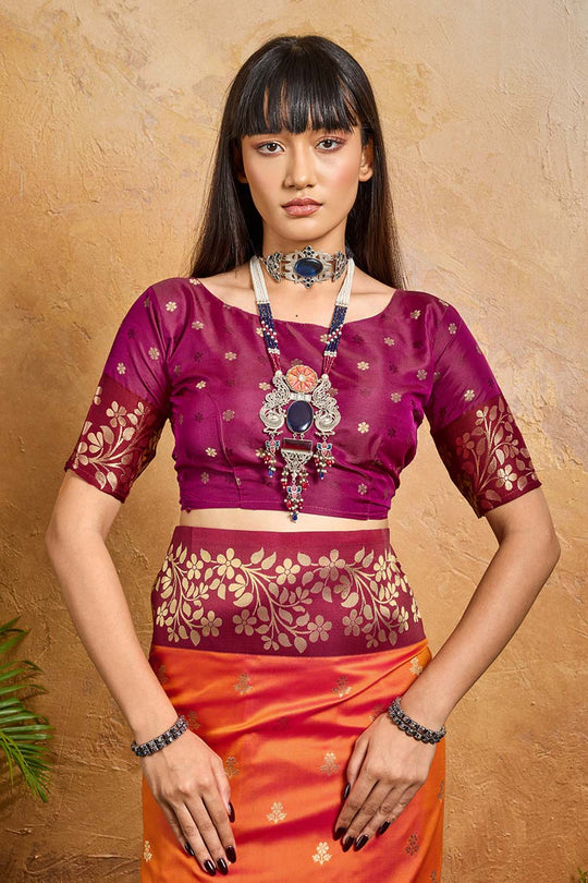 Roya Orange and Wine Handloom Weaving Silk Ready to Wear Saree