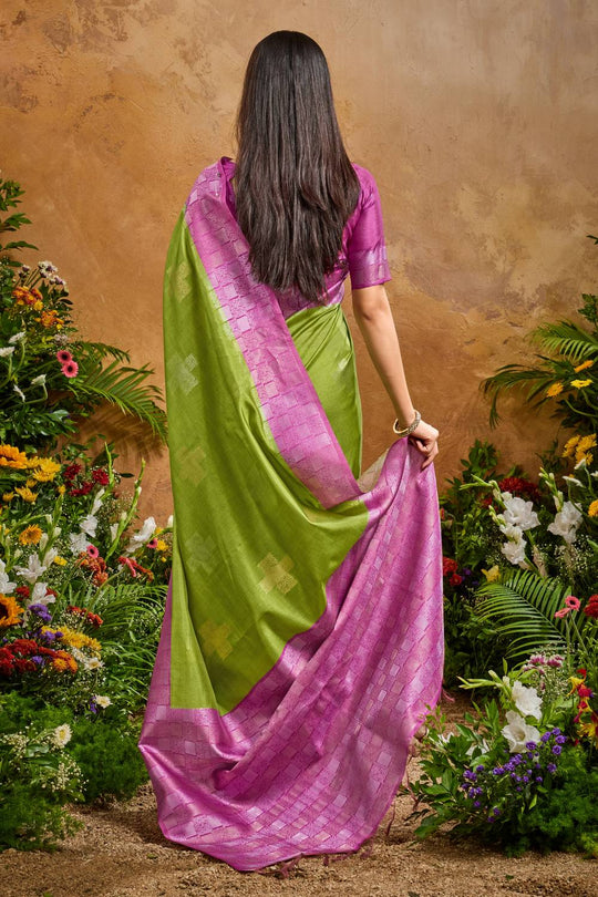 Flora Lime Green Paper Silk Handloom Woven Ready to Wear Saree