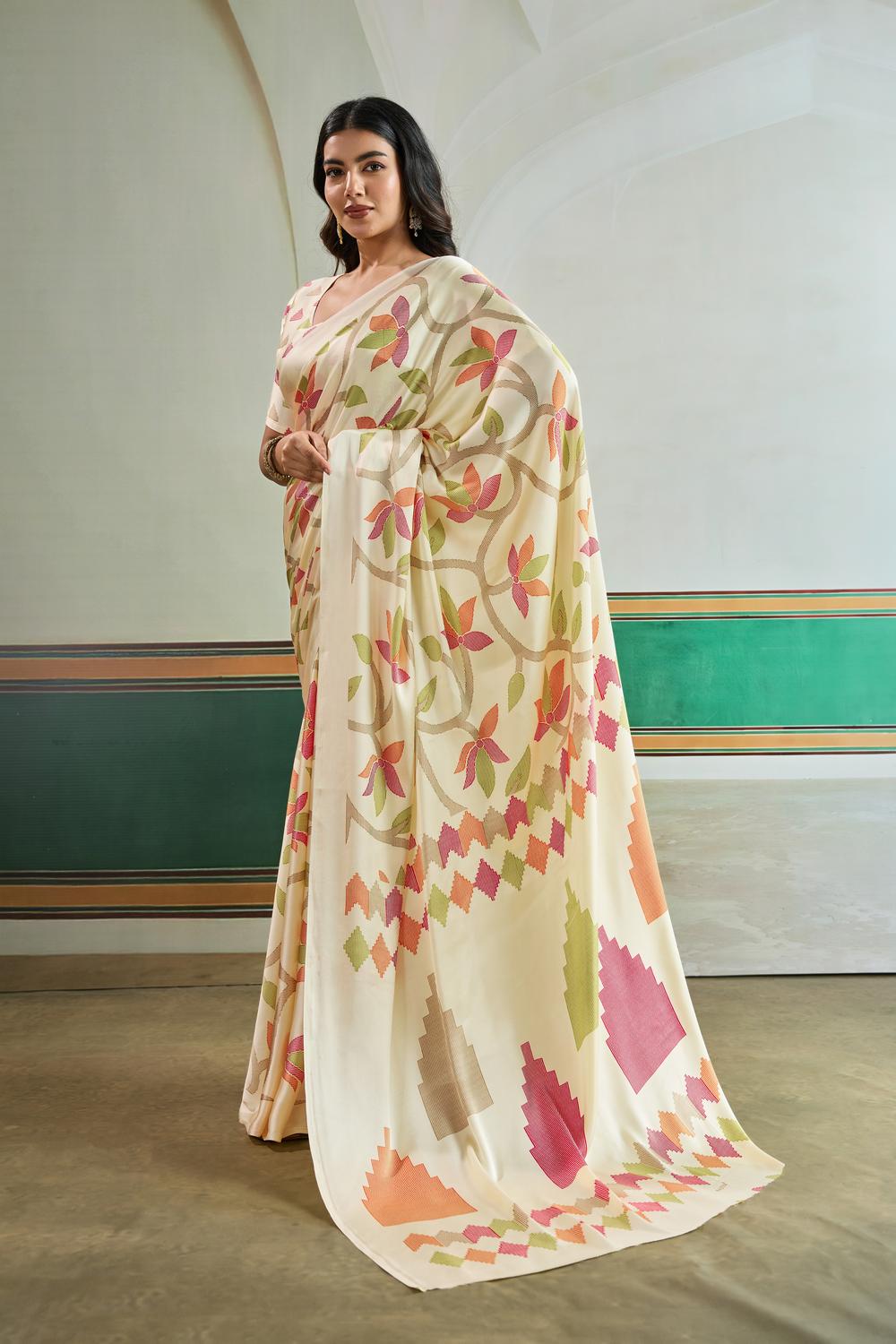 Aylani Cream Modal Satin Ajrakh Print Ready to Wear Saree