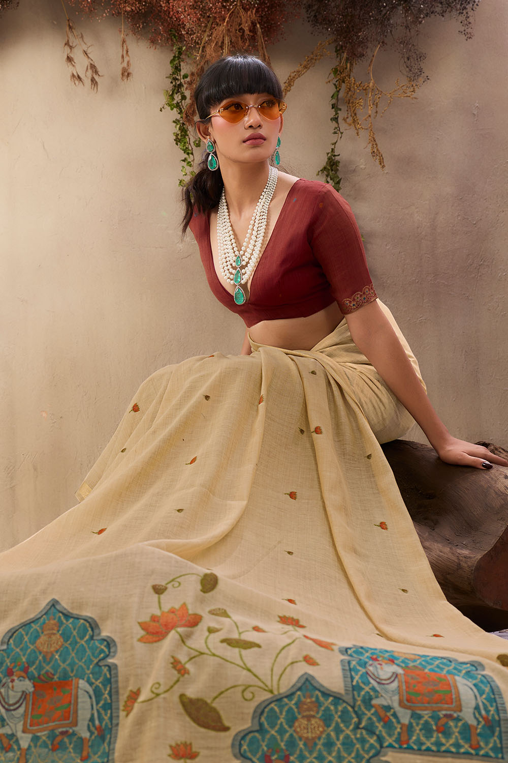 Sanja Beige Cotton Woven Ready to Wear Saree