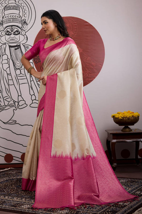 Mona Cream & Pink Paper Silk Ready to Wear Saree