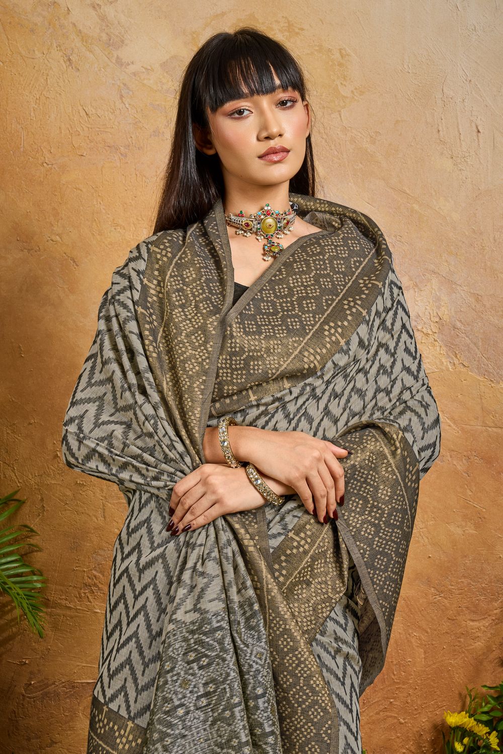 Helen Black Viscose Cotton Handloom Woven Patola Ready to Wear Saree