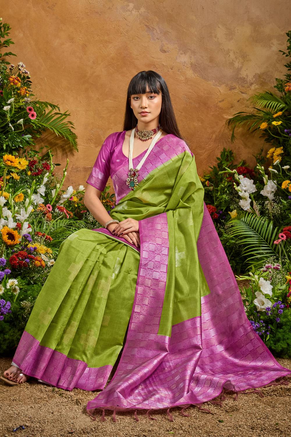 Flora Lime Green Paper Silk Handloom Woven Ready to Wear Saree