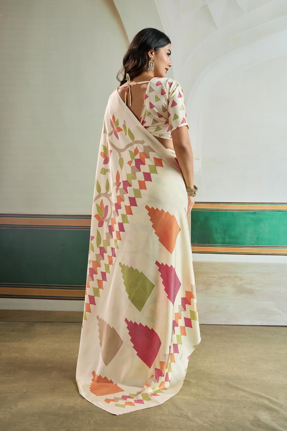 Aylani Cream Modal Satin Ajrakh Print Ready to Wear Saree