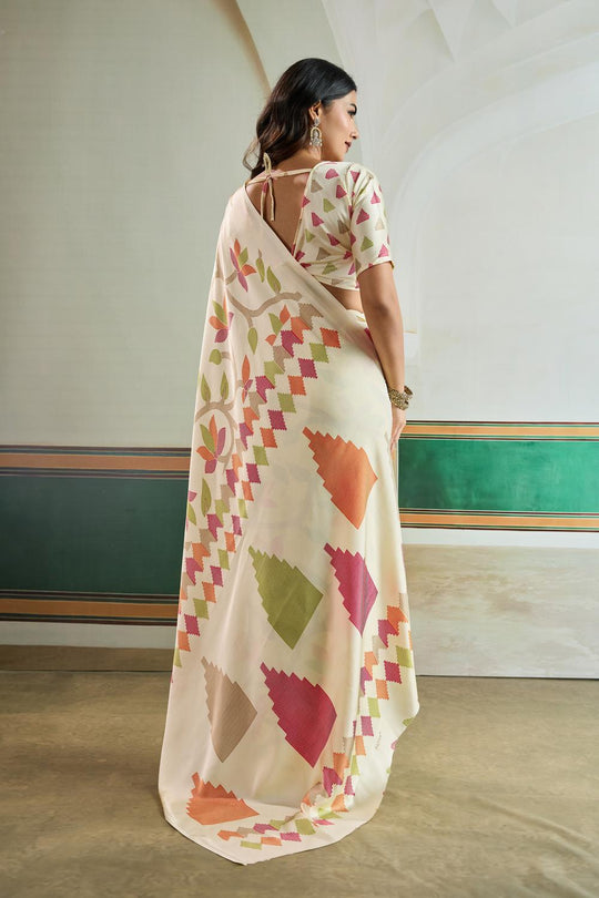 Aylani Cream Modal Satin Ajrakh Print Ready to Wear Saree