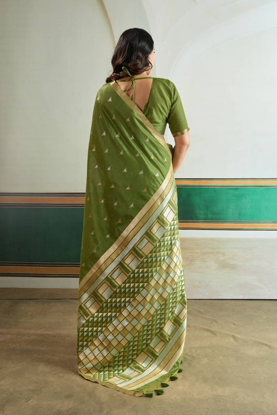 Usha Olive Green Tussar Silk Ikkat Handloom Weaving Ready to Wear Saree