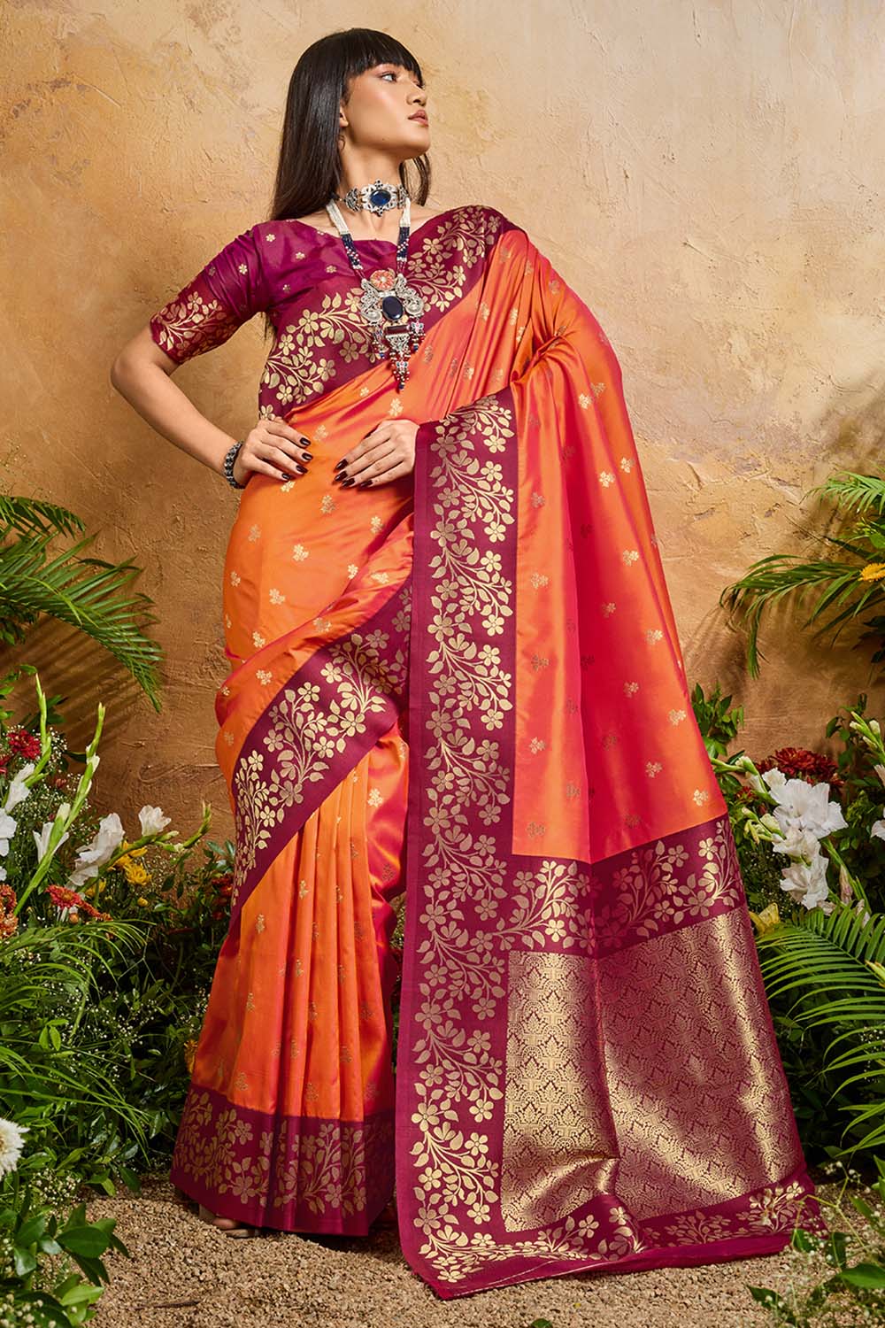Roya Orange and Wine Handloom Weaving Silk Ready to Wear Saree