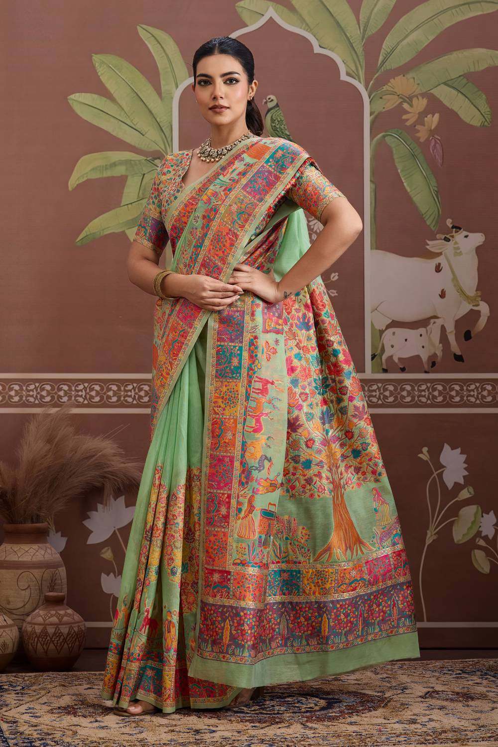 Misha Green Modal Cotton Pashmina Woven Ready to Wear Saree