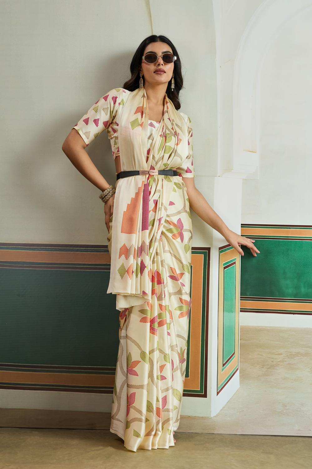 Aylani Cream Modal Satin Ajrakh Print Ready to Wear Saree