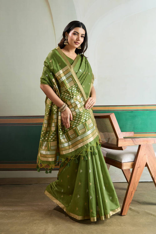Usha Olive Green Tussar Silk Ikkat Handloom Weaving Ready to Wear Saree