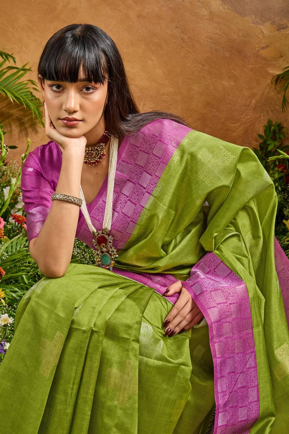 Flora Lime Green Paper Silk Handloom Woven Ready to Wear Saree