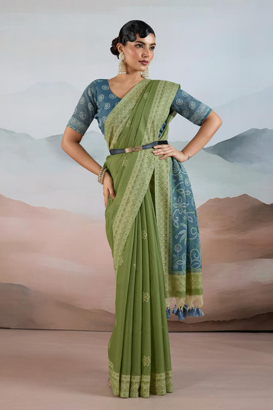 Neetu Olive Green Pure Viscose Cotton Handloom Woven One Minute Saree