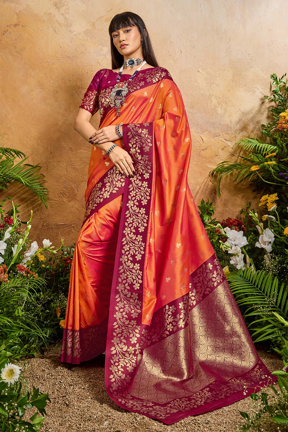 Roya Orange and Wine Handloom Weaving Silk Ready to Wear Saree