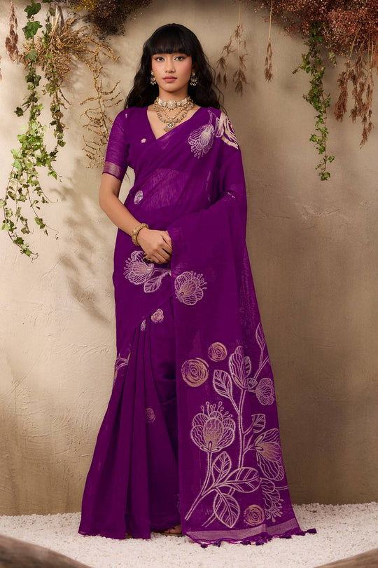 Samara Rich Purple Woven Soft Silk With Floral Motif Work Ready to Wear Saree
