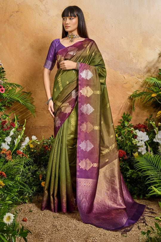 Suri Olive Green & Purple Paper Silk With Zari Work Ready to Wear One Minute Saree