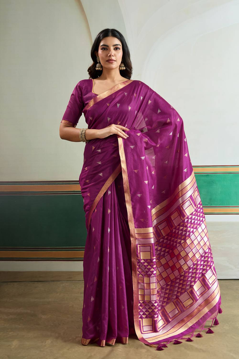 Usha Purple Tussar Silk Ikkat Handloom Weaving Ready to Wear Saree