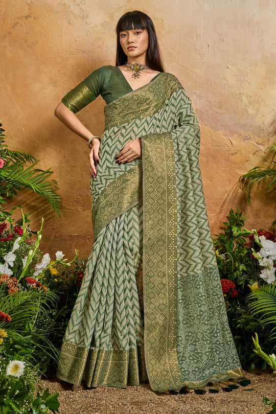 Helen Olive Green Viscose Cotton Handloom Woven Patola Ready to Wear Saree