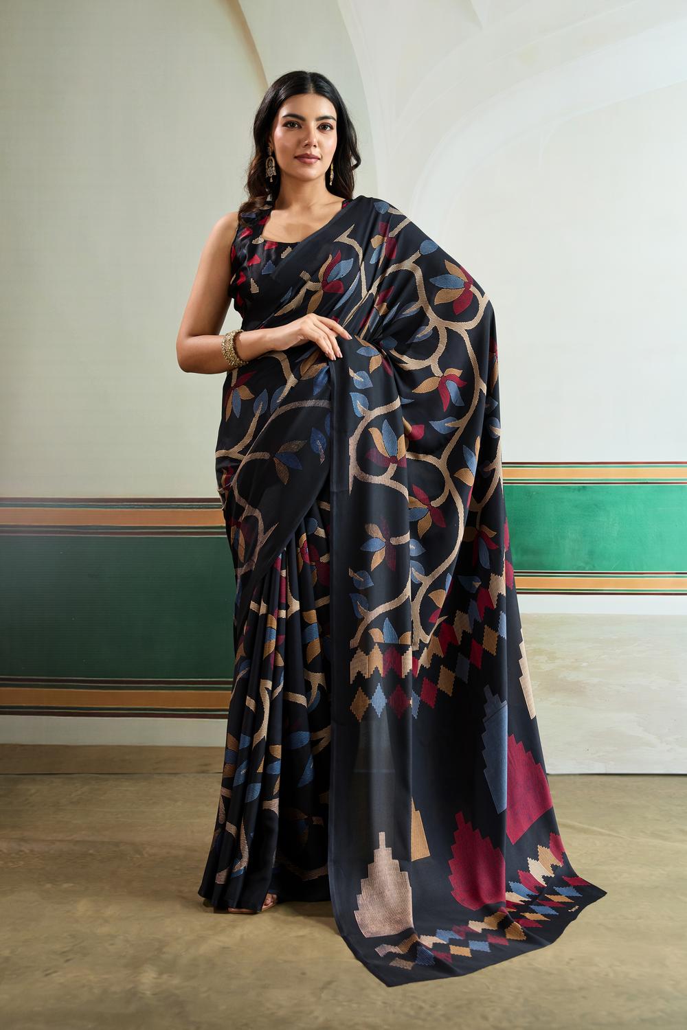Aylani Black Modal Satin Ajrakh Print Ready to Wear Saree