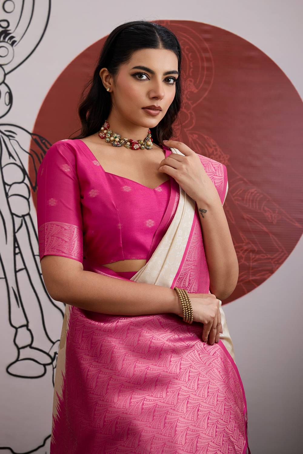 Mona Cream & Pink Paper Silk Ready to Wear Saree