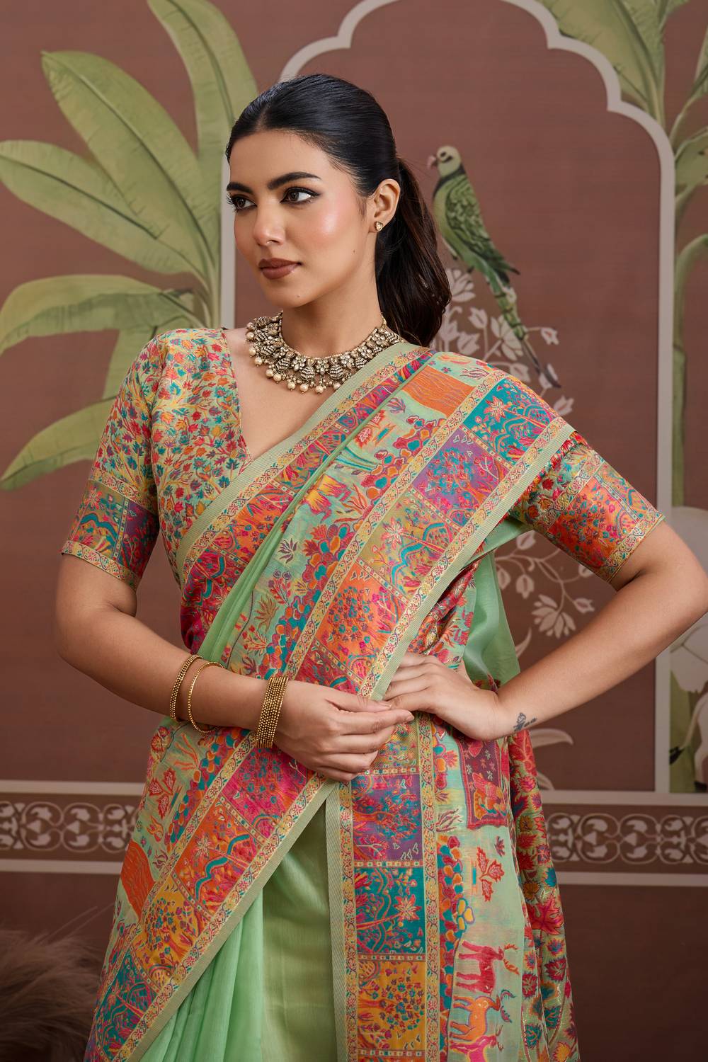 Misha Green Modal Cotton Pashmina Woven Ready to Wear Saree