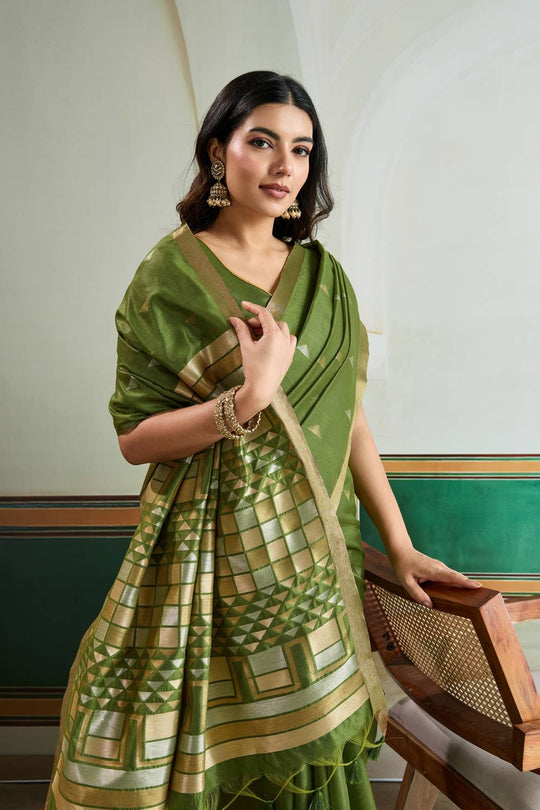 Usha Olive Green Tussar Silk Ikkat Handloom Weaving Ready to Wear Saree