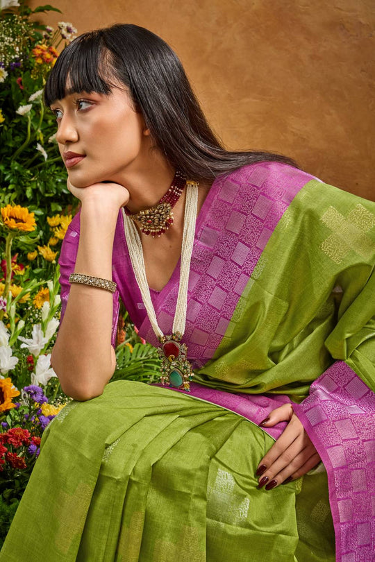 Flora Lime Green Paper Silk Handloom Woven Ready to Wear Saree