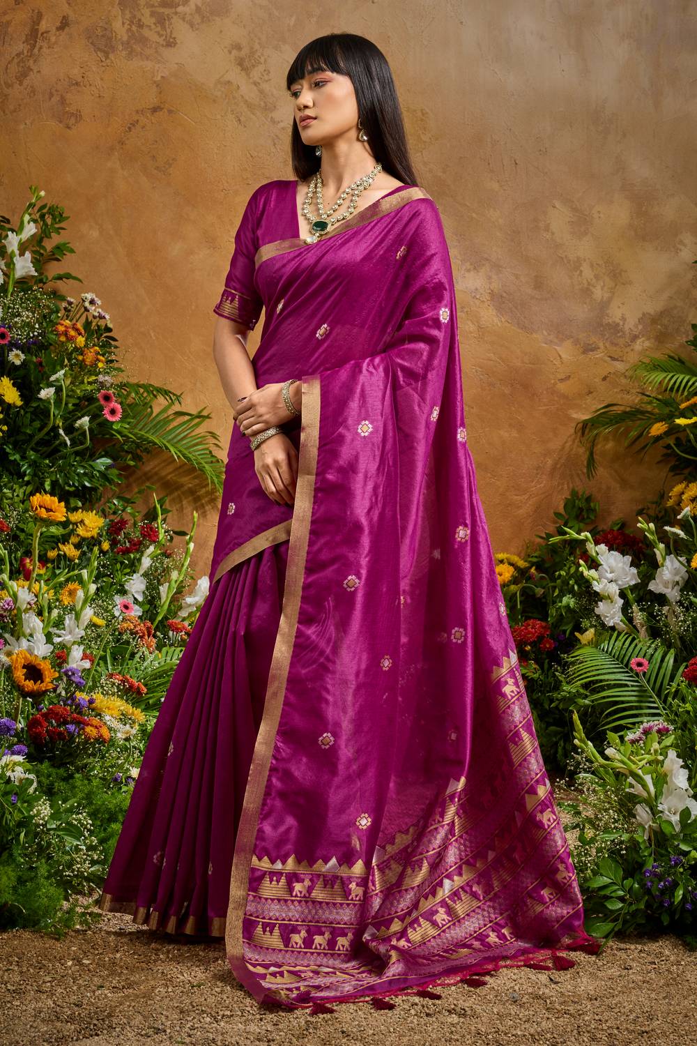 Nikka Magenta Tussar Silk Handloom Woven Tribal Border Ready to Wear Saree