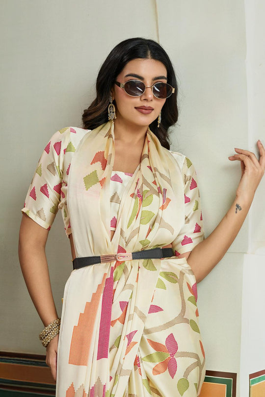Aylani Cream Modal Satin Ajrakh Print Ready to Wear Saree
