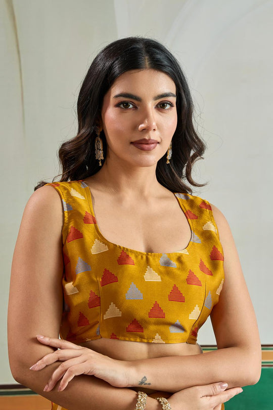 Aylani Mustard Modal Satin Ajrakh Print Ready to Wear Saree
